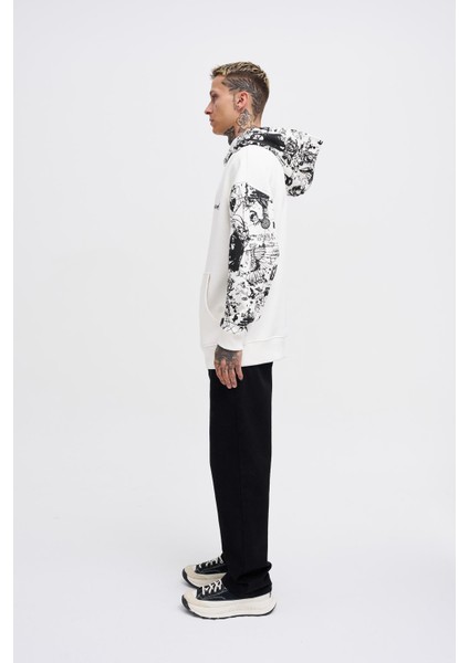Erkek Graffiti Printed Ekru Hoodie