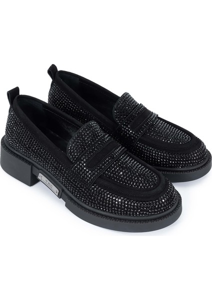 Kadın Deri Siyah Süet Loafer Ayakkabı 1061 2301-1 Bn Ayk SK24-25 Sıyah Suet/tas