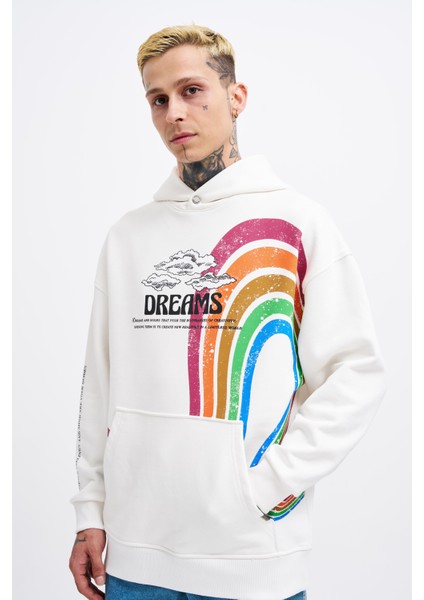 Erkek Rainbow Printed Ekru Hoodie