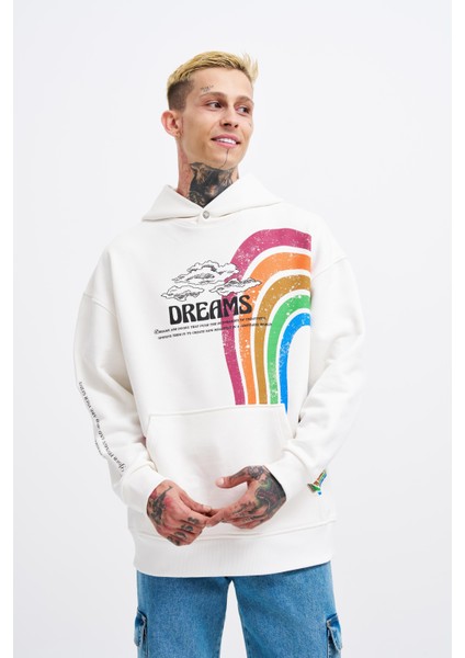 Erkek Rainbow Printed Ekru Hoodie