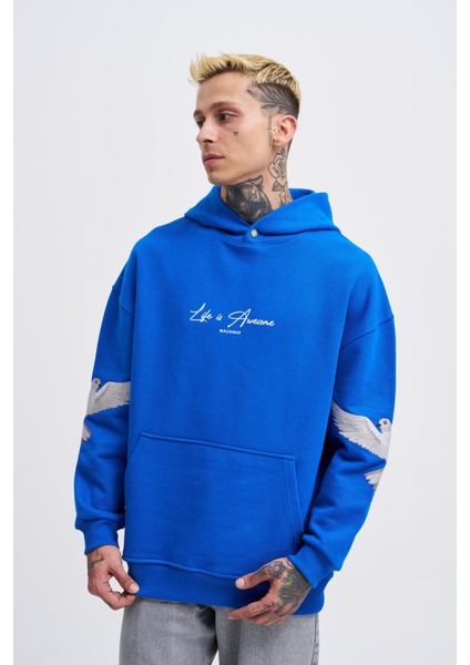 Erkek Birds Embroidered Açık Mavi Hoodie