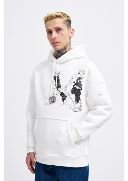 Erkek Map Printed And Applique Ekru Hoodie