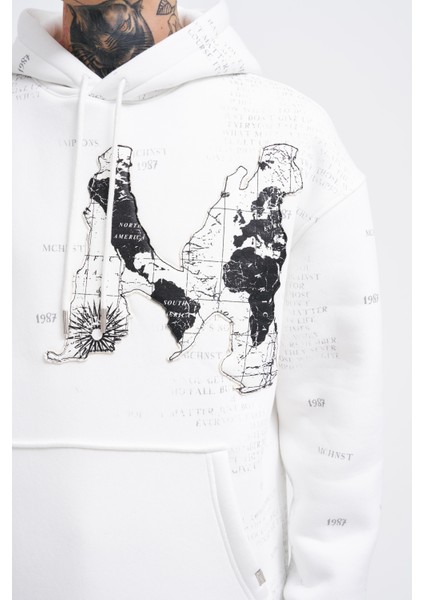 Erkek Map Printed And Applique Ekru Hoodie