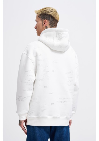 Erkek Map Printed And Applique Ekru Hoodie