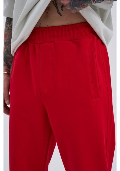 Oversize Basic Bel Paça Lastikli 3 Cepli Jogger Eşofman Altı Red