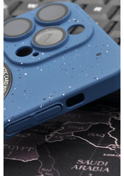 iPhone 14 Pro Max Uyumlu Inidgo Mavi Benekli Desenli Ince Sert Kapak Kılıf Kamera Lens Korumalı