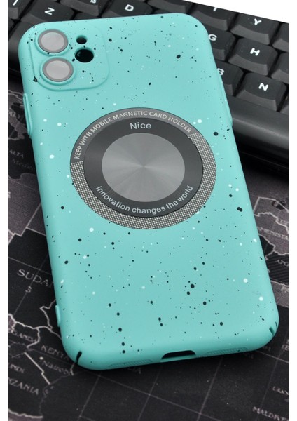 iPhone 11 Uyumlu Mint Yeşil Benekli Desenli Ince Sert Kapak Kılıf Kamera Lens Korumalı