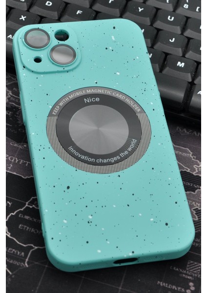 iPhone 13 Uyumlu Mint Yeşil Benekli Desenli Ince Sert Kapak Kılıf Kamera Lens Korumalı