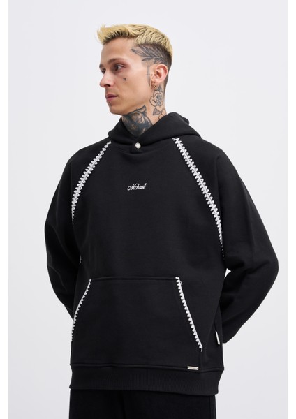 Erkek Crochet Embroidered Siyah Hoodie