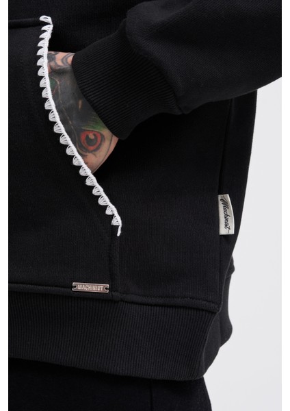 Erkek Crochet Embroidered Siyah Hoodie modelleri