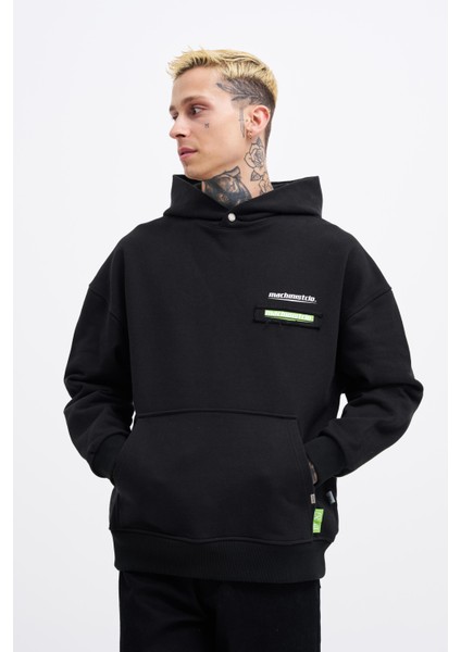 Erkek Printed Patchwork Siyah Hoodie