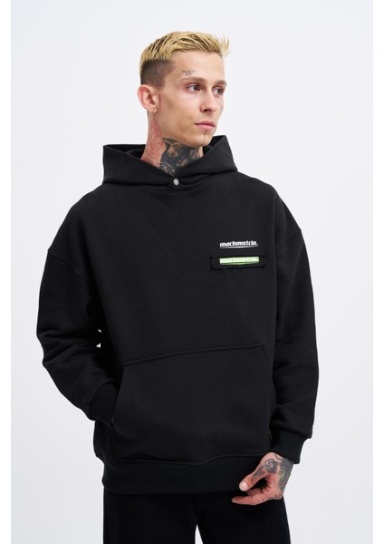 Erkek Printed Patchwork Siyah Hoodie