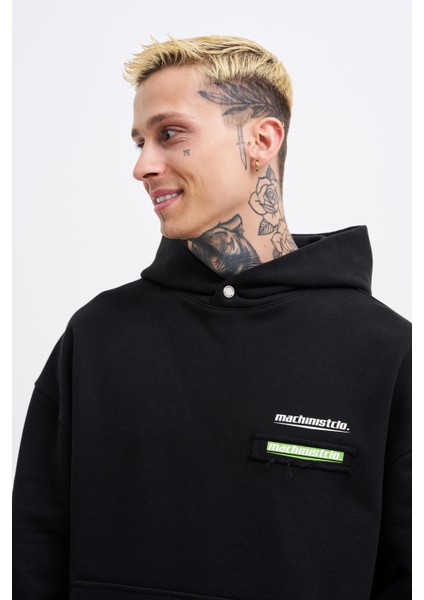 Erkek Printed Patchwork Siyah Hoodie