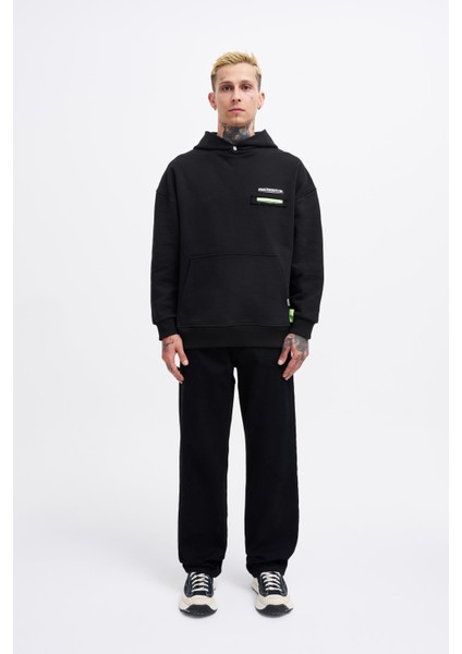 Erkek Printed Patchwork Siyah Hoodie