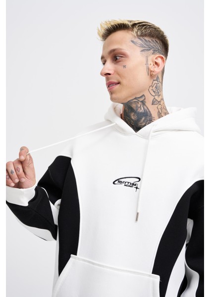 Erkek Embroidered And Pieced Ekru Siyah Hoodie