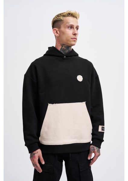 Erkek Contrast Patchwork Siyah Hoodie