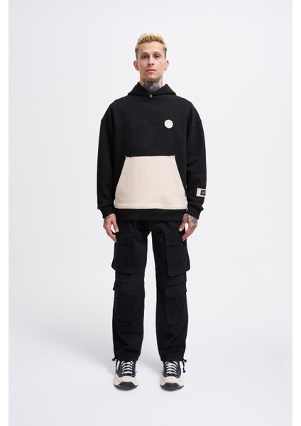 Erkek Contrast Patchwork Siyah Hoodie
