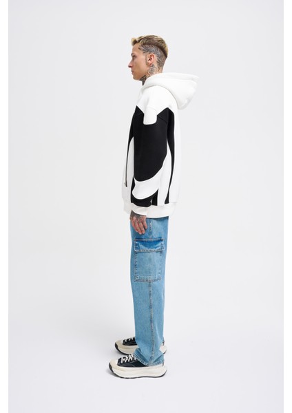 Erkek Embroidered And Pieced Ekru Siyah Hoodie