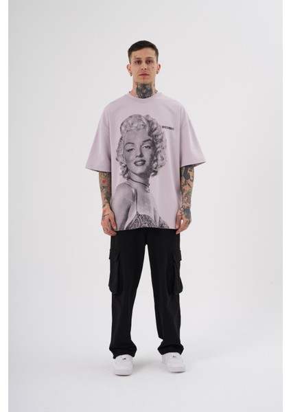 Erkek Marilyn Monrou Baskılı Oversize Lila Tişört modelleri