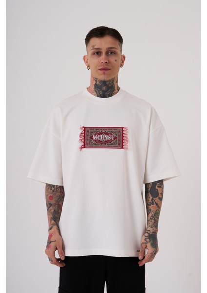 Erkek Carpet Patch Baskılı Oversize Ekru Tişört