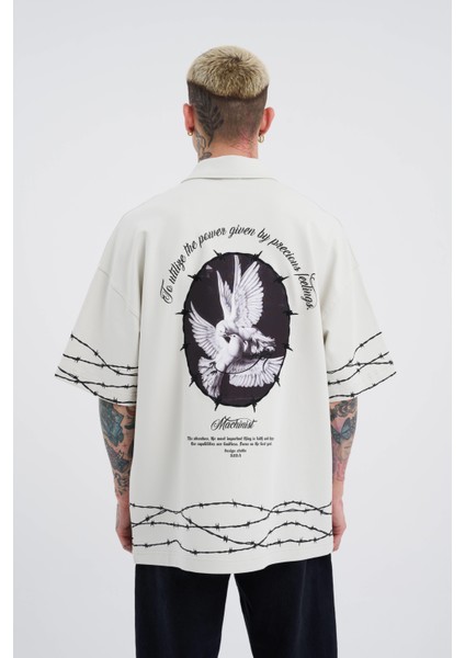 Erkek Barbed Wire Baskılı Oversize Gri Tişört