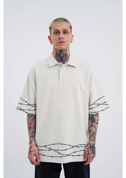Erkek Barbed Wire Baskılı Oversize Gri Tişört