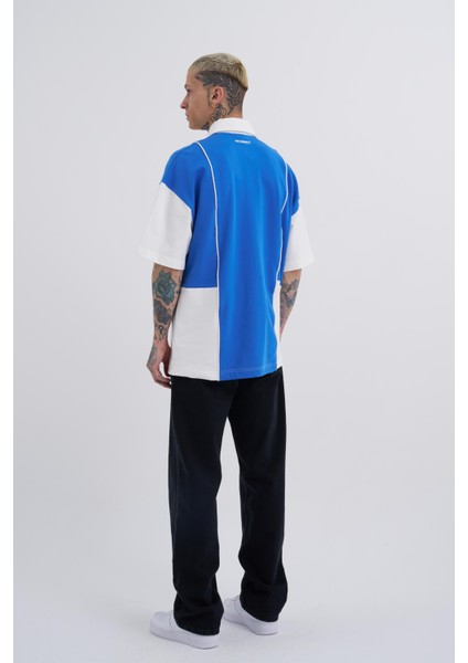 Erkek Piping And Contrast Baskılı Polo Mavi Ekru Tişört