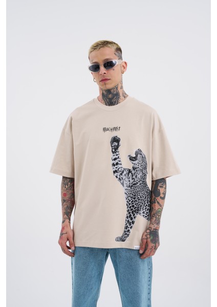 Erkek Leopard Baskılı Oversize Açık Bej Tişört
