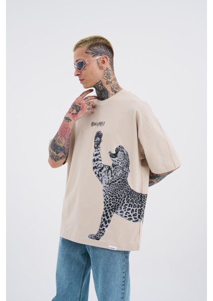 Erkek Leopard Baskılı Oversize Açık Bej Tişört fiyatları