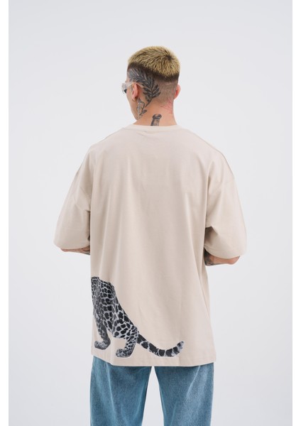 Erkek Leopard Baskılı Oversize Açık Bej Tişört modelleri