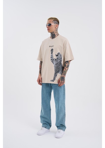 Erkek Leopard Baskılı Oversize Açık Bej Tişört fırsatları