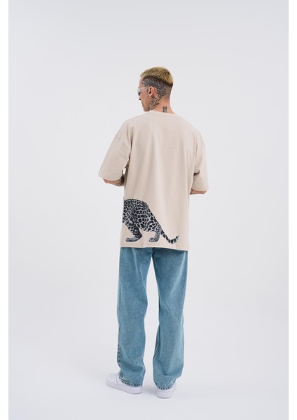 Erkek Leopard Baskılı Oversize Açık Bej Tişört indirimleri
