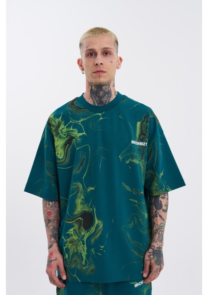 Erkek Abstract Oversize Petrol Yeşili Tişört