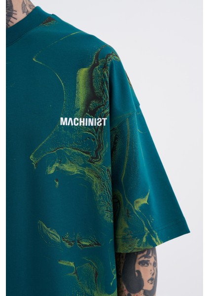 Erkek Abstract Oversize Petrol Yeşili Tişört