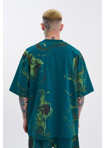 Erkek Abstract Oversize Petrol Yeşili Tişört