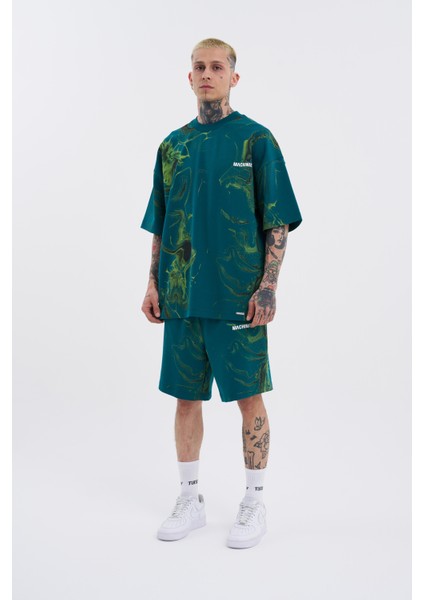 Erkek Abstract Oversize Petrol Yeşili Tişört