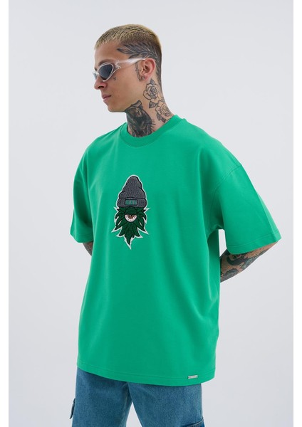 Erkek Leaf Eye Nakışlı Oversize Yeşil Tişört
