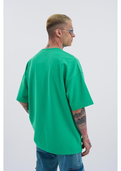 Erkek Leaf Eye Nakışlı Oversize Yeşil Tişört