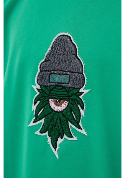 Erkek Leaf Eye Nakışlı Oversize Yeşil Tişört
