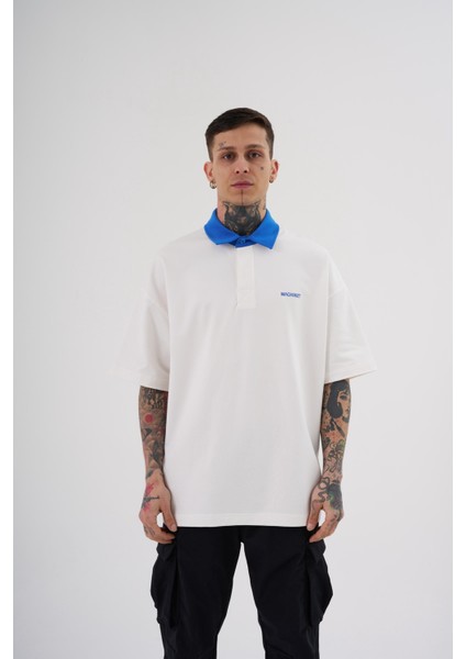 Erkek Basic Oversize Ekru Mavi Polo Yaka Tişört