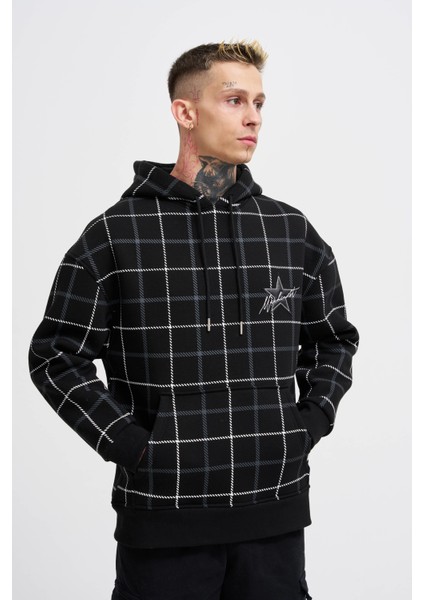 Erkek Leather Applique Siyah Hoodie