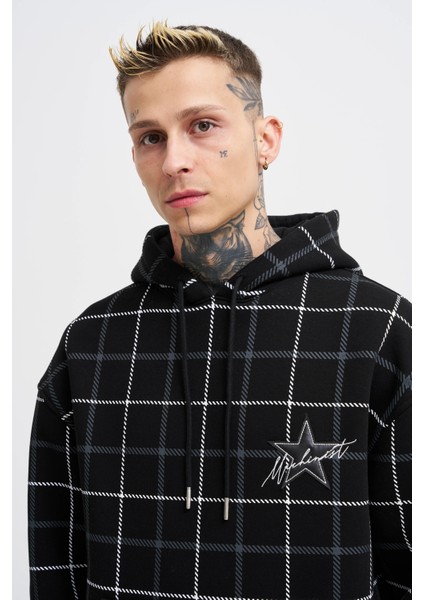 Erkek Leather Applique Siyah Hoodie modelleri
