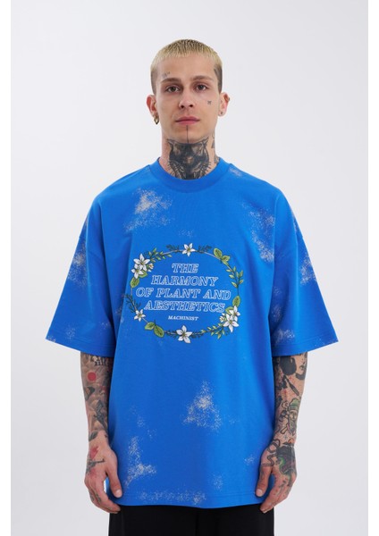 Erkek Flowers Oversize Mavi Tişört