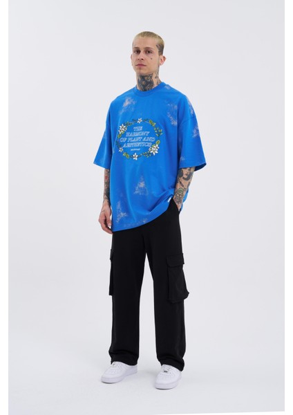 Erkek Flowers Oversize Mavi Tişört modelleri