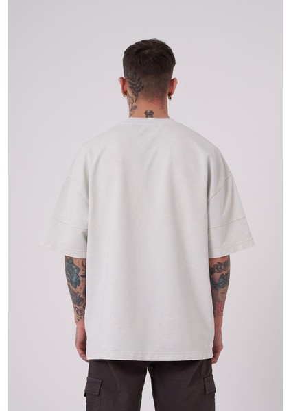 Erkek Denim Pocket Yıkamalı Oversize Gri Tişört