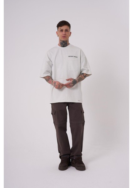 Erkek Denim Pocket Yıkamalı Oversize Gri Tişört