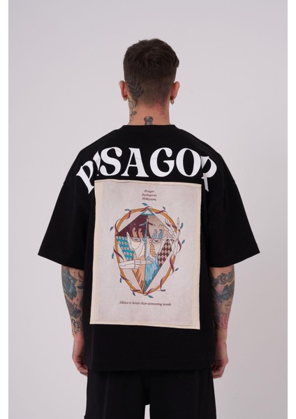 Erkek Premium Pisagor Basklı Oversize Black Tişört