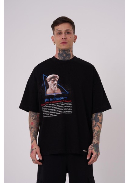 Erkek Premium Pisagor Basklı Oversize Black Tişört