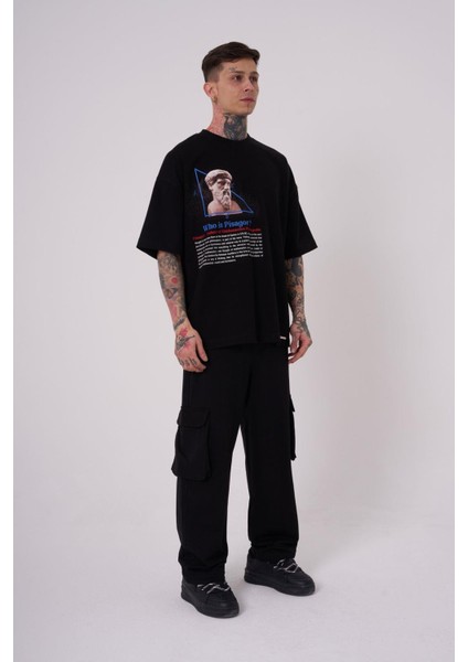 Erkek Premium Pisagor Basklı Oversize Black Tişört
