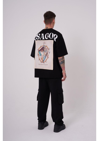 Erkek Premium Pisagor Basklı Oversize Black Tişört